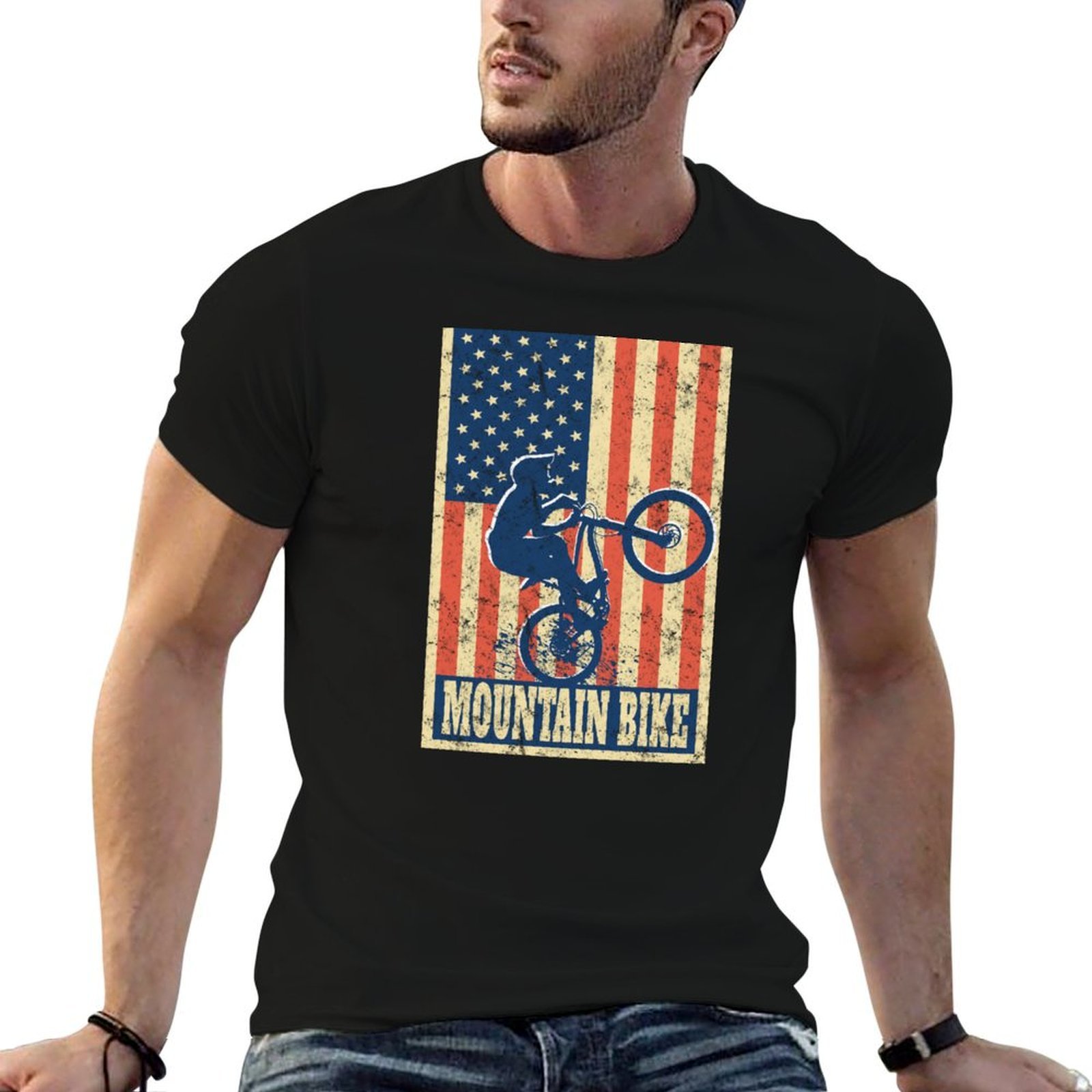 Mountain Biking Holidays - เสื้อยืดลายธงชาติอเมริกันสำหรับนักปั่นจักรยานเสือภูเขา เสื้อยืดสำหรับงานปาร์ตี้วันหยุดสำหรับผู้ชาย