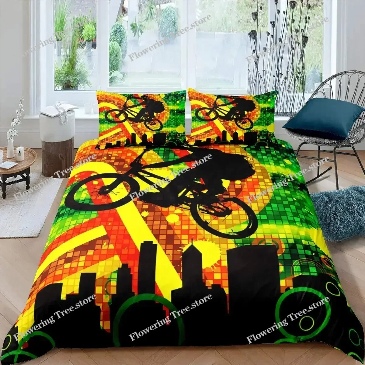 Mountain Biking Game - ชุดผ้าคลุมผ้านวมลายจักรยาน ไมโครไฟเบอร์ ลายไท-ได สำหรับจักรยานเสือภูเขา ขนาดคิงไซส์ ชุดเครื่องนอนคู่